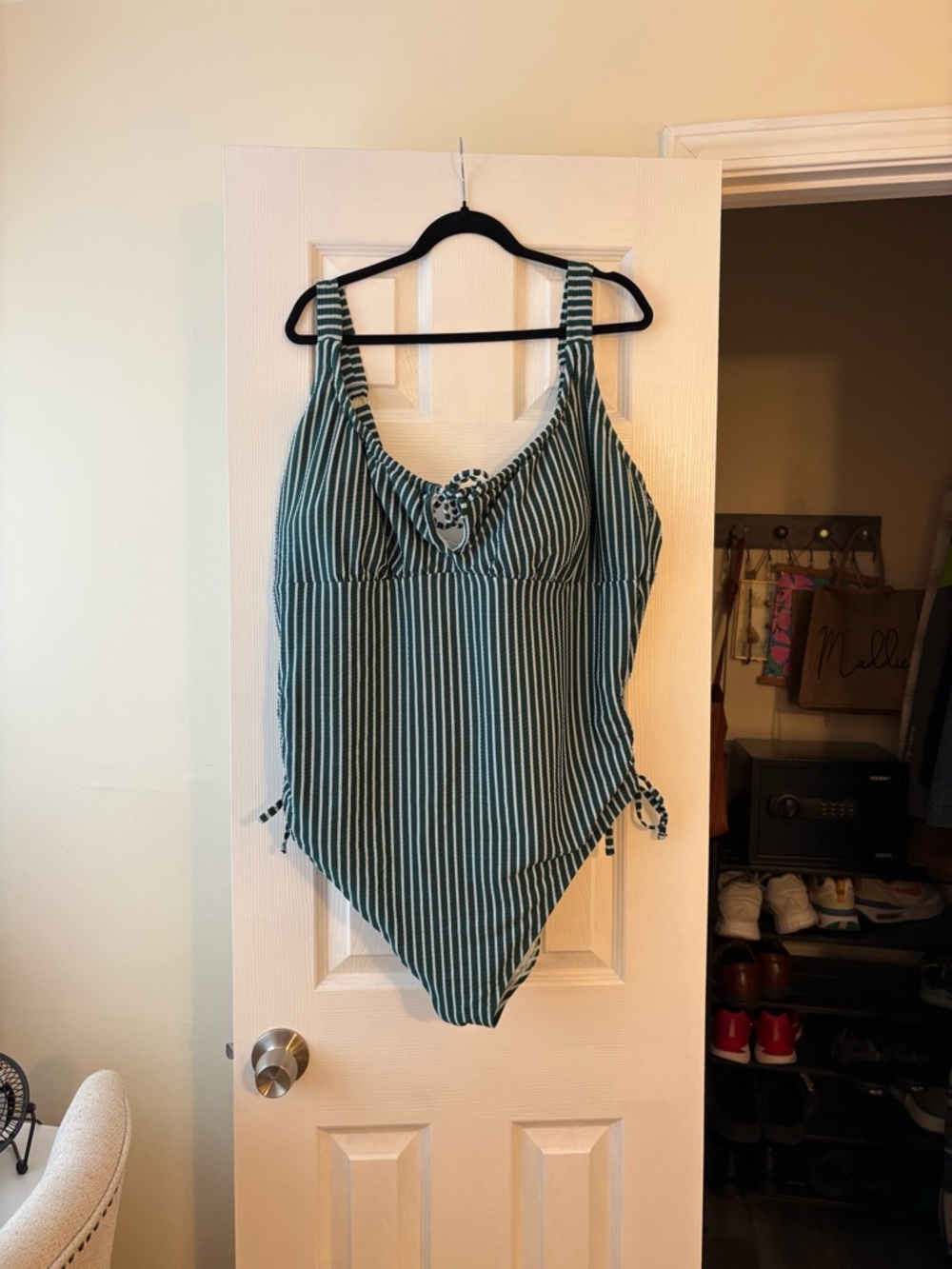 Adore Me Green and White Striped One-Piece Swim Bodysuit
